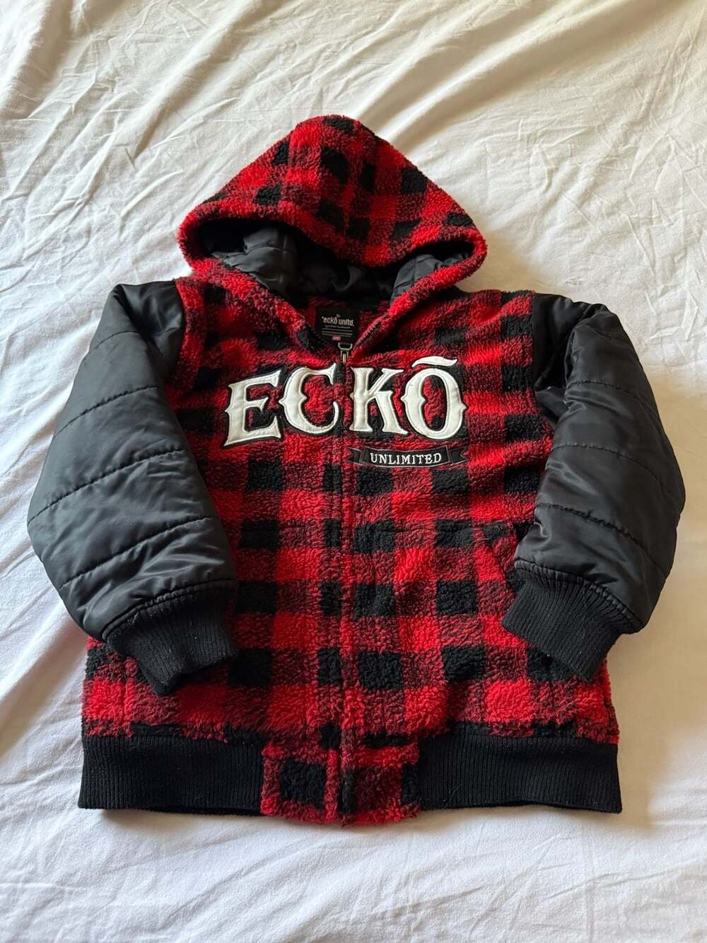 y2k Ecko Unltd Red Black Buffalo Plaid Sherpa Puffer Hooded Jacket Boys Size 6